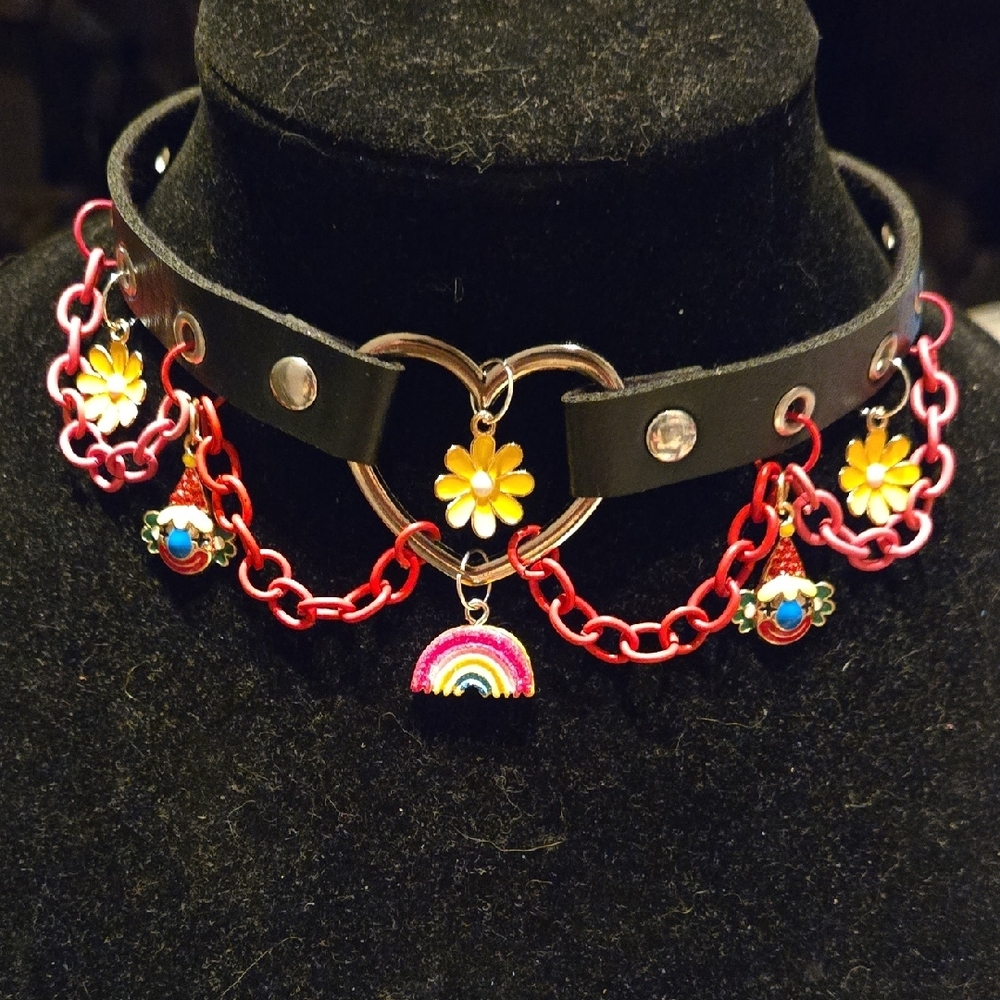 Clowning Around! Colorful Heart Pendant Choker With Clowns